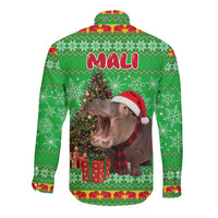 Mali Christmas Long Sleeve Button Shirt with Hippo Santa Hat Snowflakes and Holiday Gift - Wonder Print Shop
