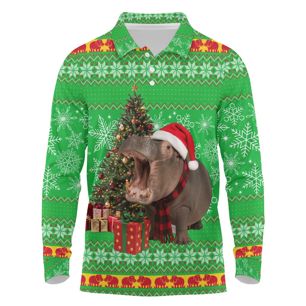 Mali Christmas Long Sleeve Polo Shirt with Hippo Santa Hat Snowflakes and Holiday Gift - Wonder Print Shop