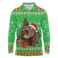 Mali Christmas Long Sleeve Polo Shirt with Hippo Santa Hat Snowflakes and Holiday Gift - Wonder Print Shop