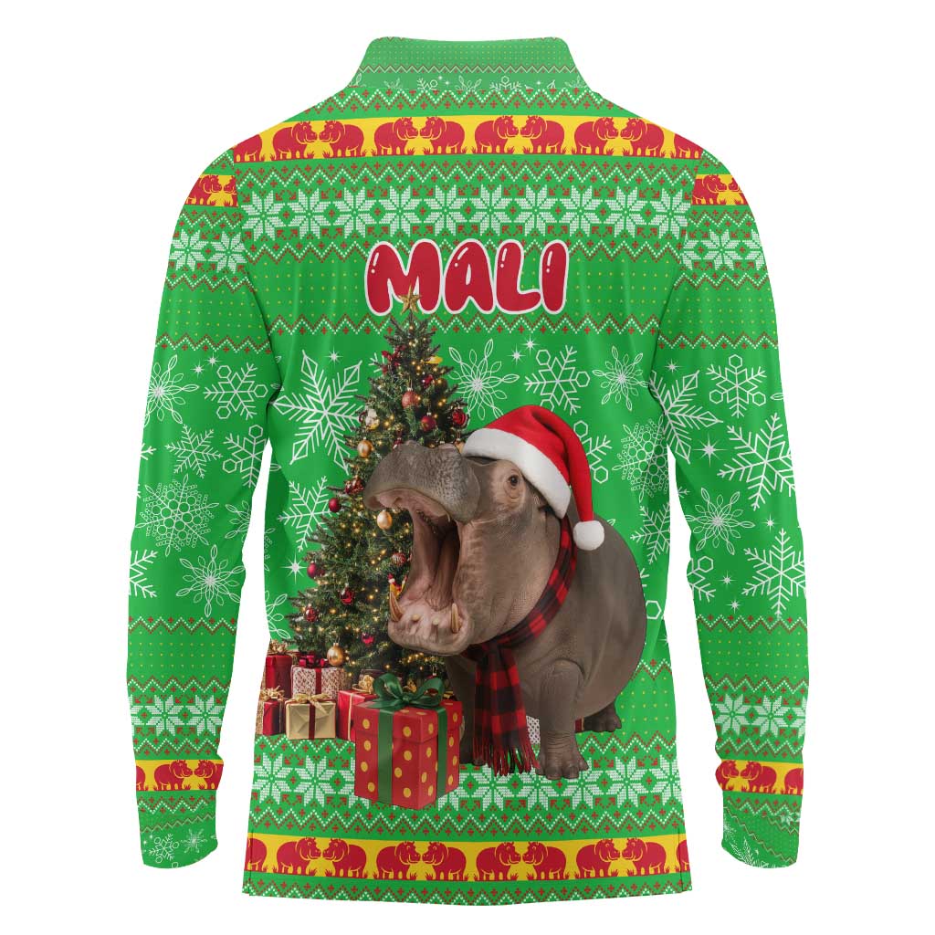 Mali Christmas Long Sleeve Polo Shirt with Hippo Santa Hat Snowflakes and Holiday Gift - Wonder Print Shop