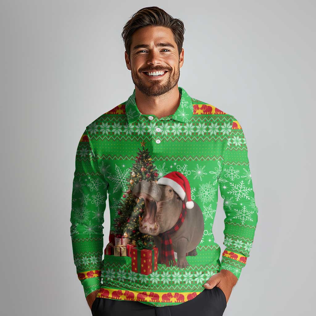 Mali Christmas Long Sleeve Polo Shirt with Hippo Santa Hat Snowflakes and Holiday Gift - Wonder Print Shop