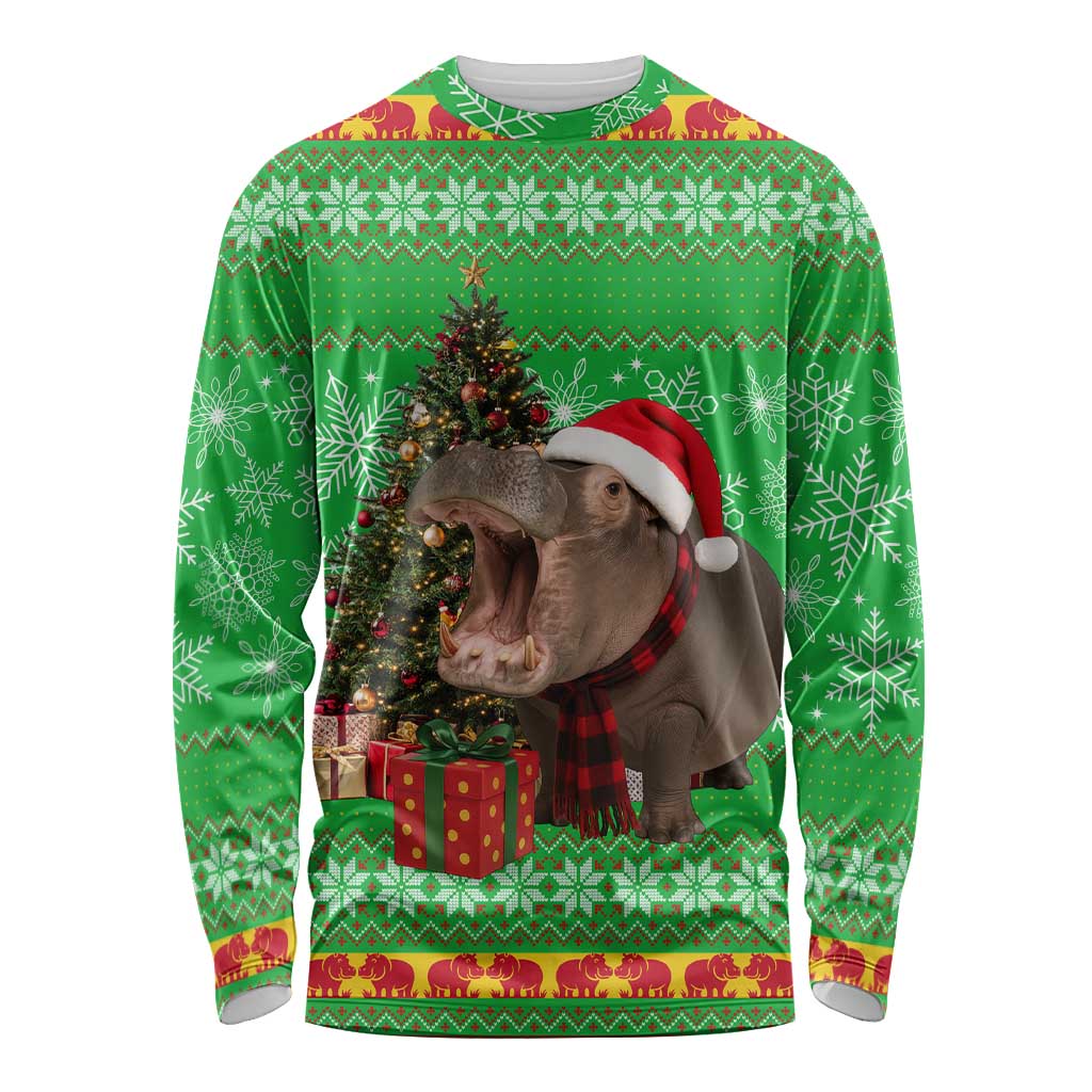 Mali Christmas Long Sleeve Shirt with Hippo Santa Hat Snowflakes and Holiday Gift - Wonder Print Shop