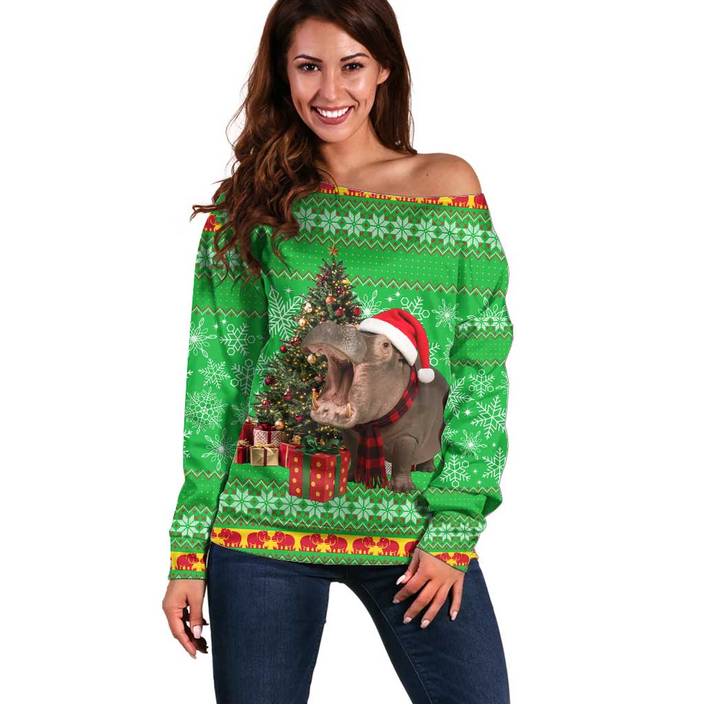 Mali Christmas Off Shoulder Sweater with Hippo Santa Hat Snowflakes and Holiday Gift - Wonder Print Shop
