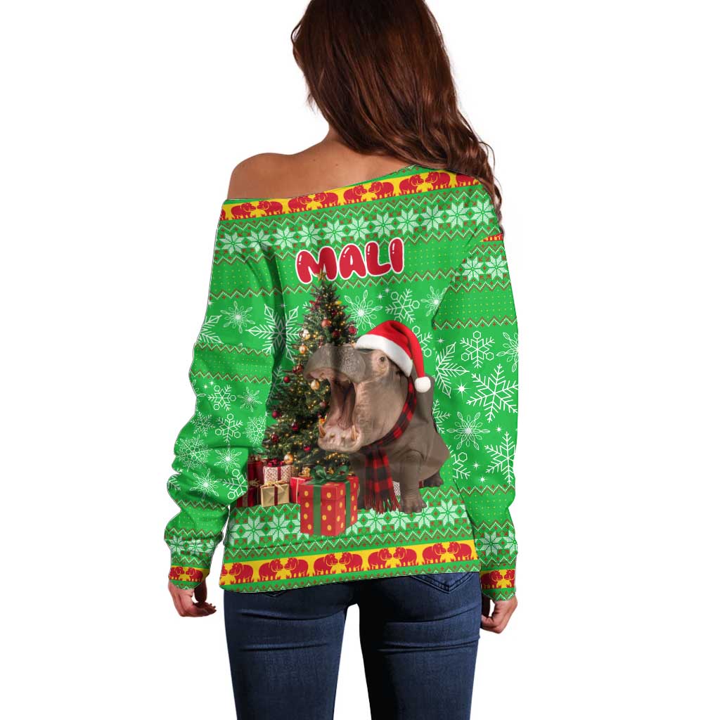 Mali Christmas Off Shoulder Sweater with Hippo Santa Hat Snowflakes and Holiday Gift - Wonder Print Shop