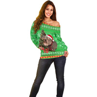 Mali Christmas Off Shoulder Sweater with Hippo Santa Hat Snowflakes and Holiday Gift - Wonder Print Shop