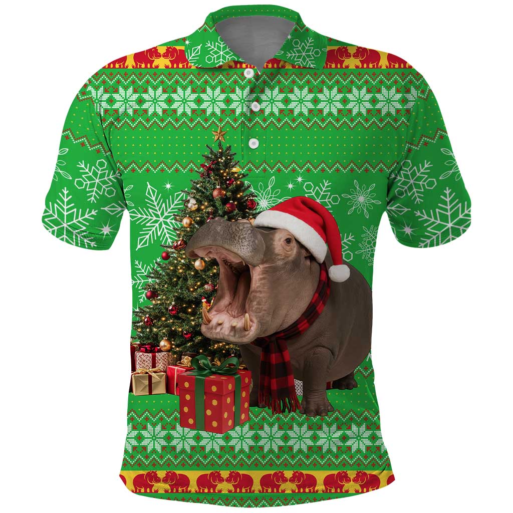 Mali Christmas Polo Shirt with Hippo Santa Hat Snowflakes and Holiday Gift - Wonder Print Shop