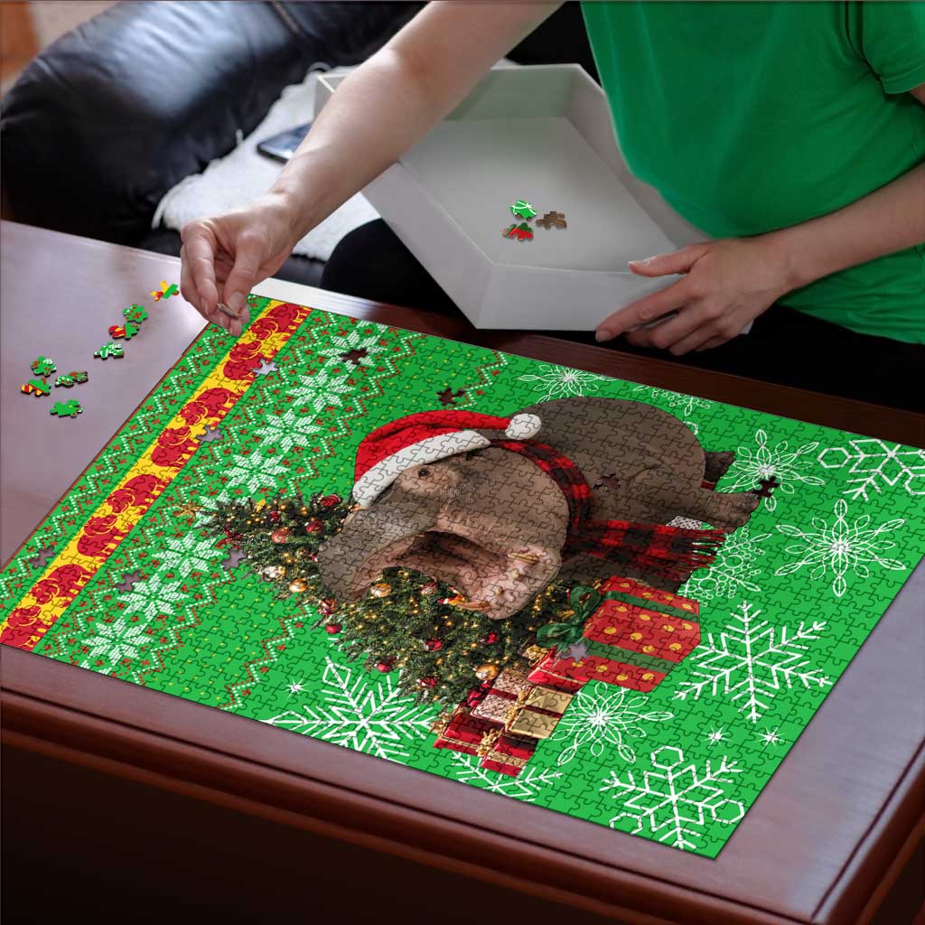 Mali Christmas Puzzle with Hippo Santa Hat Snowflakes and Holiday Gift - Wonder Print Shop