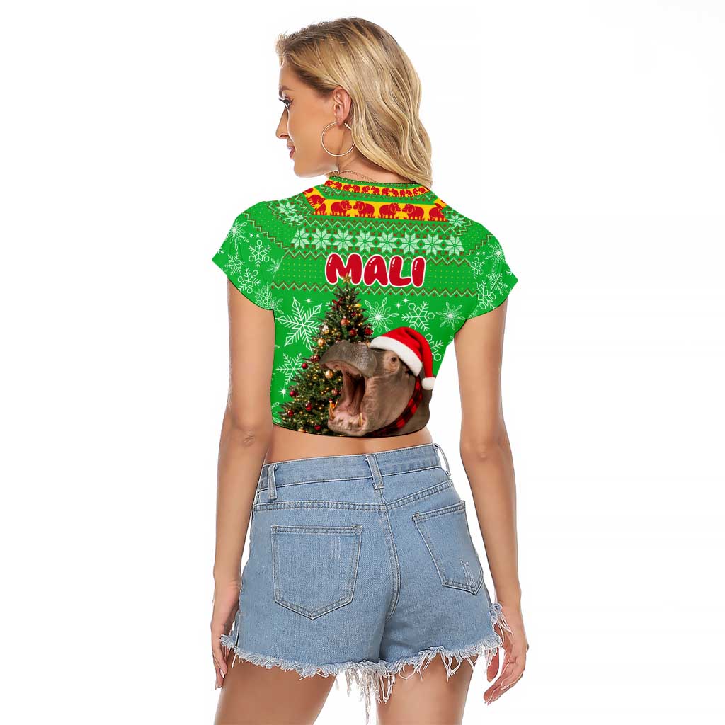 Mali Christmas Raglan Cropped T Shirt with Hippo Santa Hat Snowflakes and Holiday Gift - Wonder Print Shop