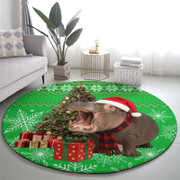 Mali Christmas Round Carpet with Hippo Santa Hat Snowflakes and Holiday Gift - Wonder Print Shop