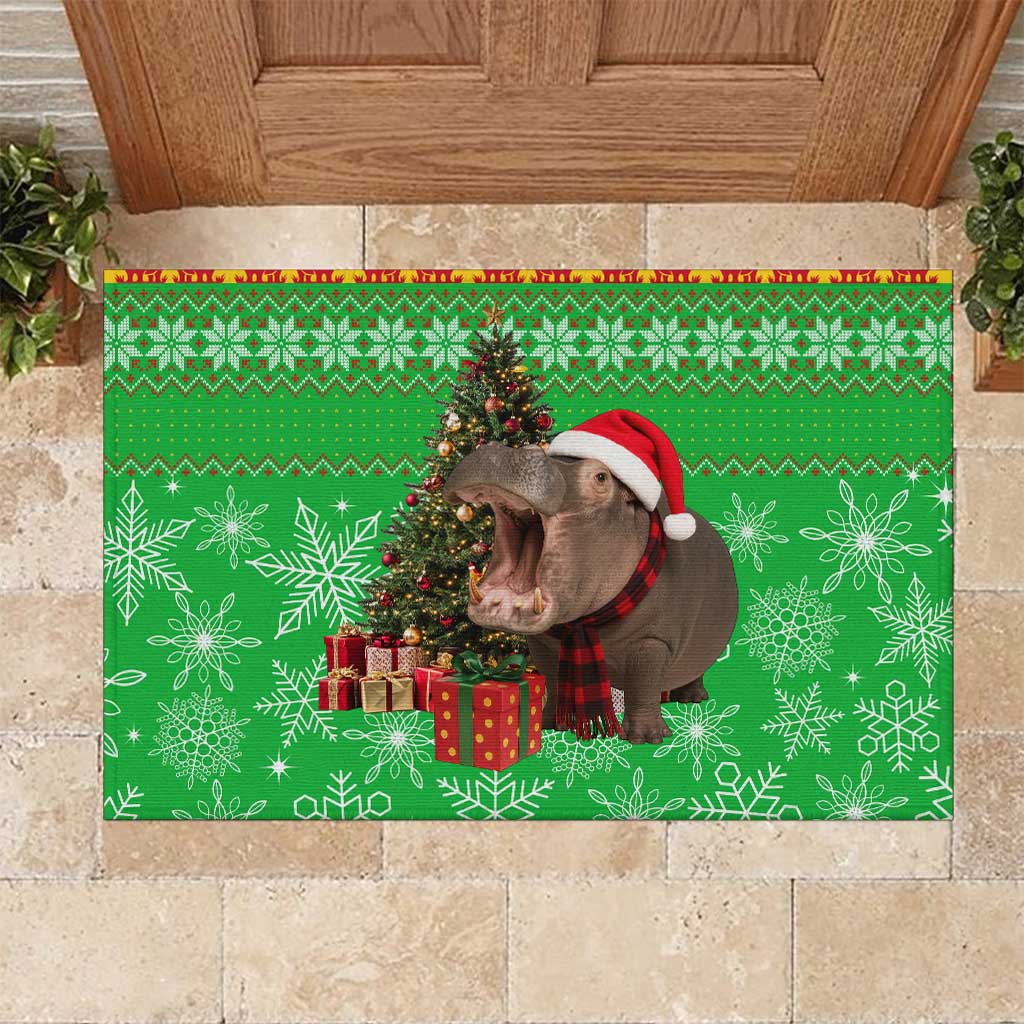 Mali Christmas Rubber Doormat with Hippo Santa Hat Snowflakes and Holiday Gift - Wonder Print Shop