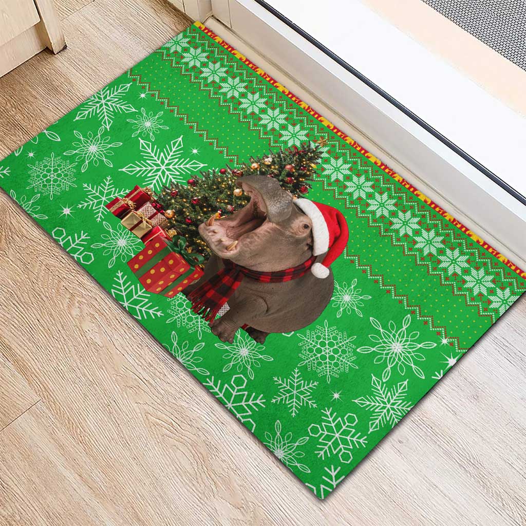 Mali Christmas Rubber Doormat with Hippo Santa Hat Snowflakes and Holiday Gift - Wonder Print Shop