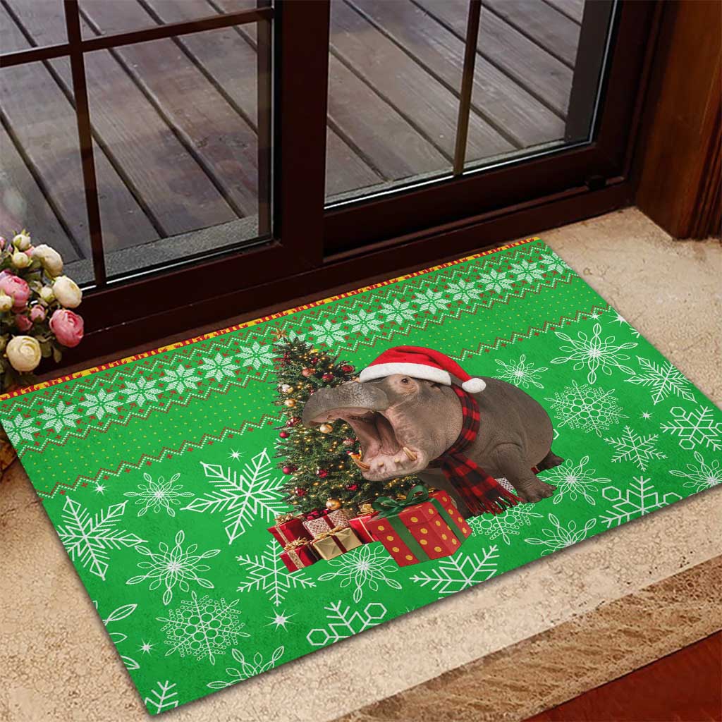Mali Christmas Rubber Doormat with Hippo Santa Hat Snowflakes and Holiday Gift - Wonder Print Shop