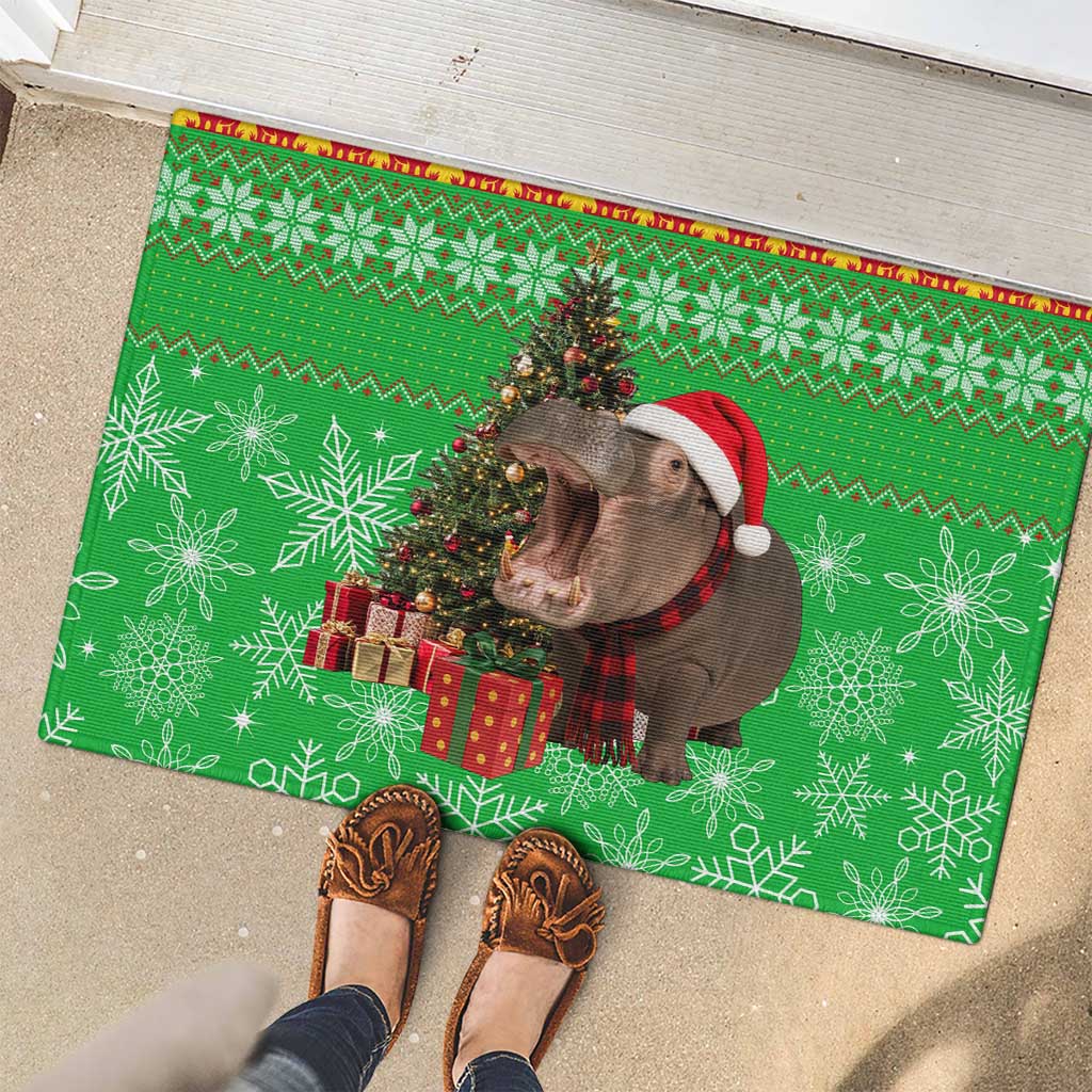 Mali Christmas Rubber Doormat with Hippo Santa Hat Snowflakes and Holiday Gift - Wonder Print Shop