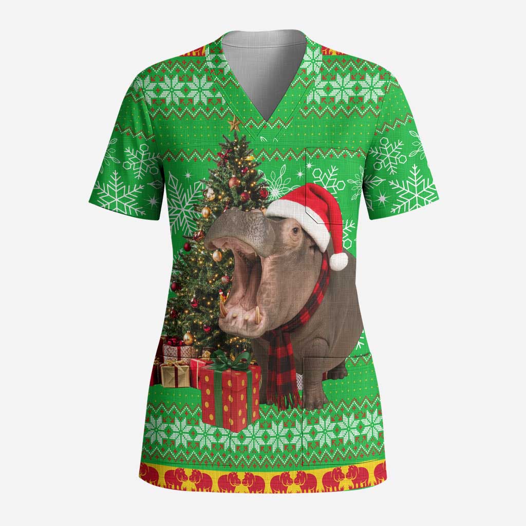 Mali Christmas Scrub Top with Hippo Santa Hat Snowflakes and Holiday Gift - Wonder Print Shop