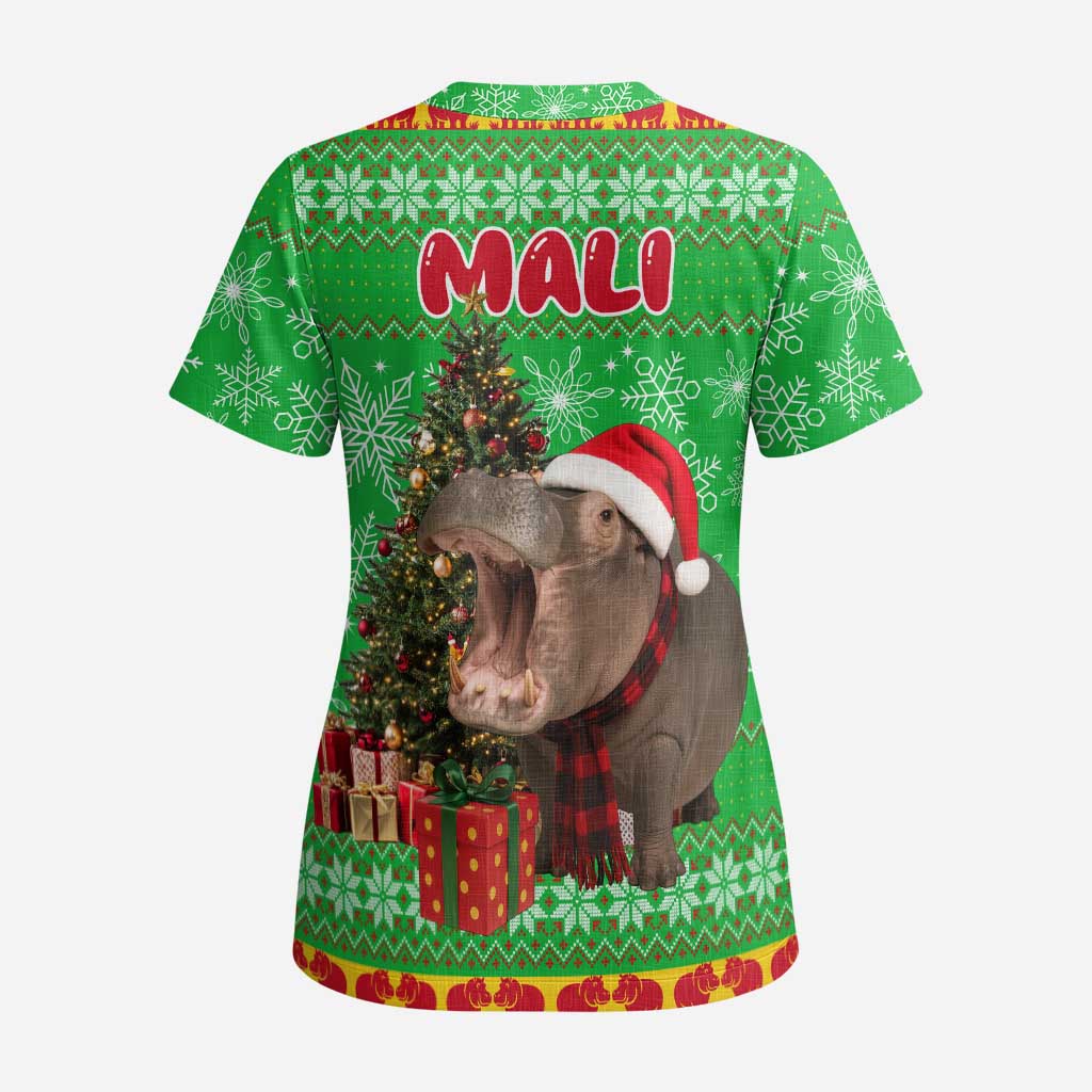 Mali Christmas Scrub Top with Hippo Santa Hat Snowflakes and Holiday Gift - Wonder Print Shop