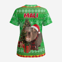 Mali Christmas Scrub Top with Hippo Santa Hat Snowflakes and Holiday Gift - Wonder Print Shop