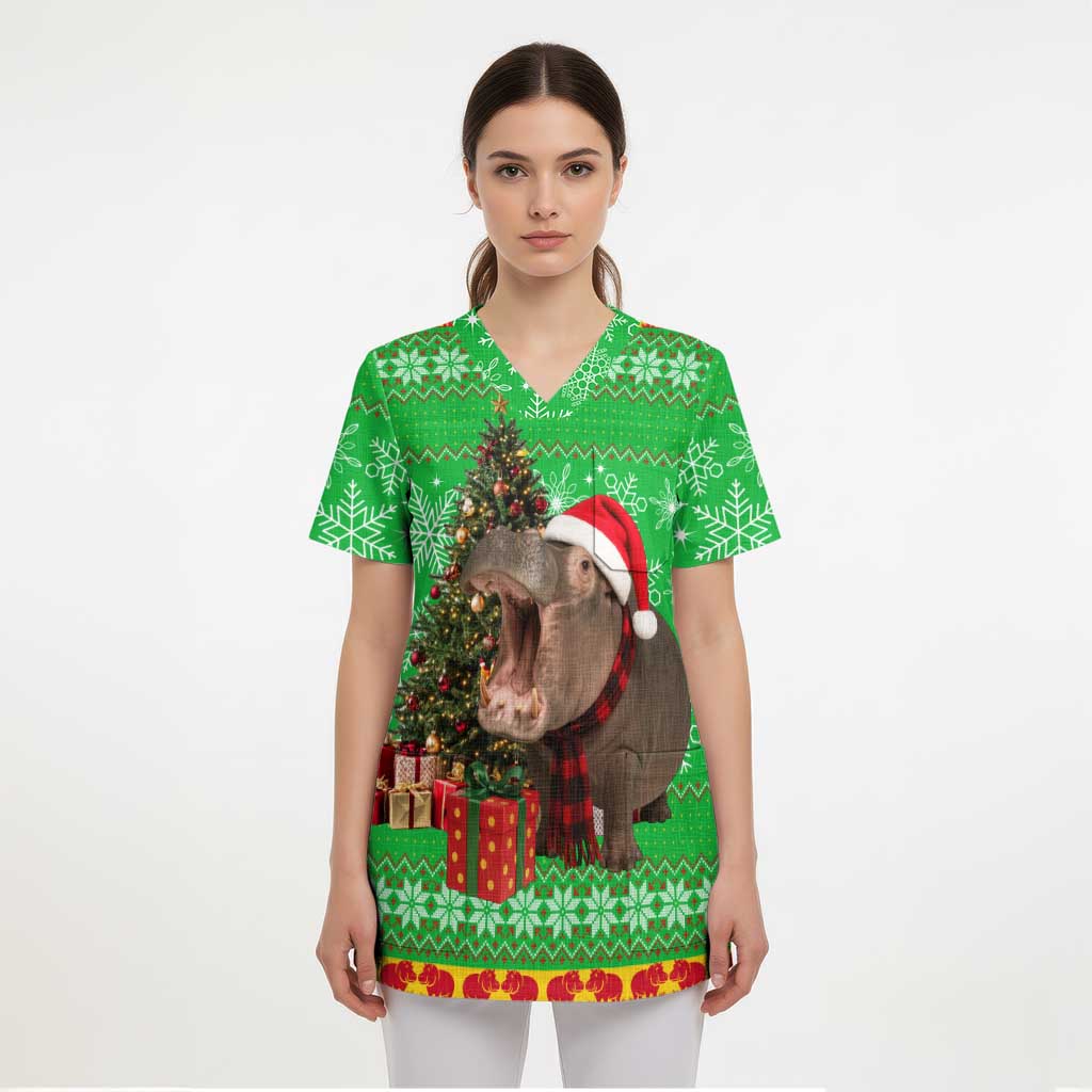 Mali Christmas Scrub Top with Hippo Santa Hat Snowflakes and Holiday Gift - Wonder Print Shop
