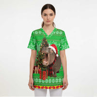 Mali Christmas Scrub Top with Hippo Santa Hat Snowflakes and Holiday Gift - Wonder Print Shop