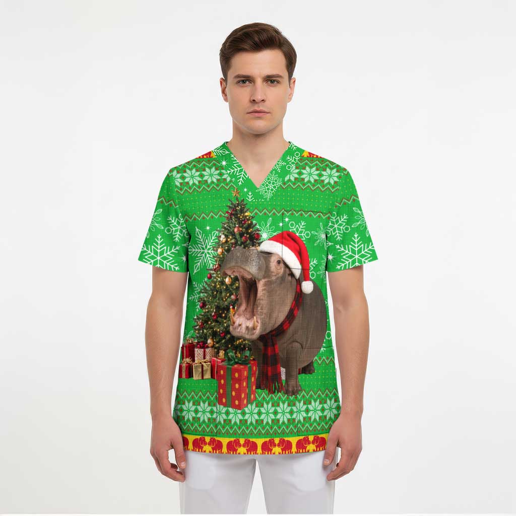 Mali Christmas Scrub Top with Hippo Santa Hat Snowflakes and Holiday Gift - Wonder Print Shop