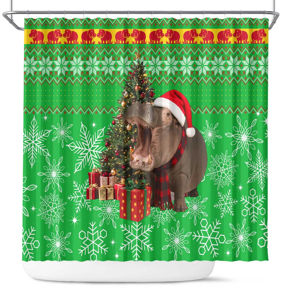 Mali Christmas Shower Curtain with Hippo Santa Hat Snowflakes and Holiday Gift - Wonder Print Shop