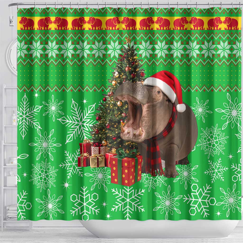 Mali Christmas Shower Curtain with Hippo Santa Hat Snowflakes and Holiday Gift - Wonder Print Shop