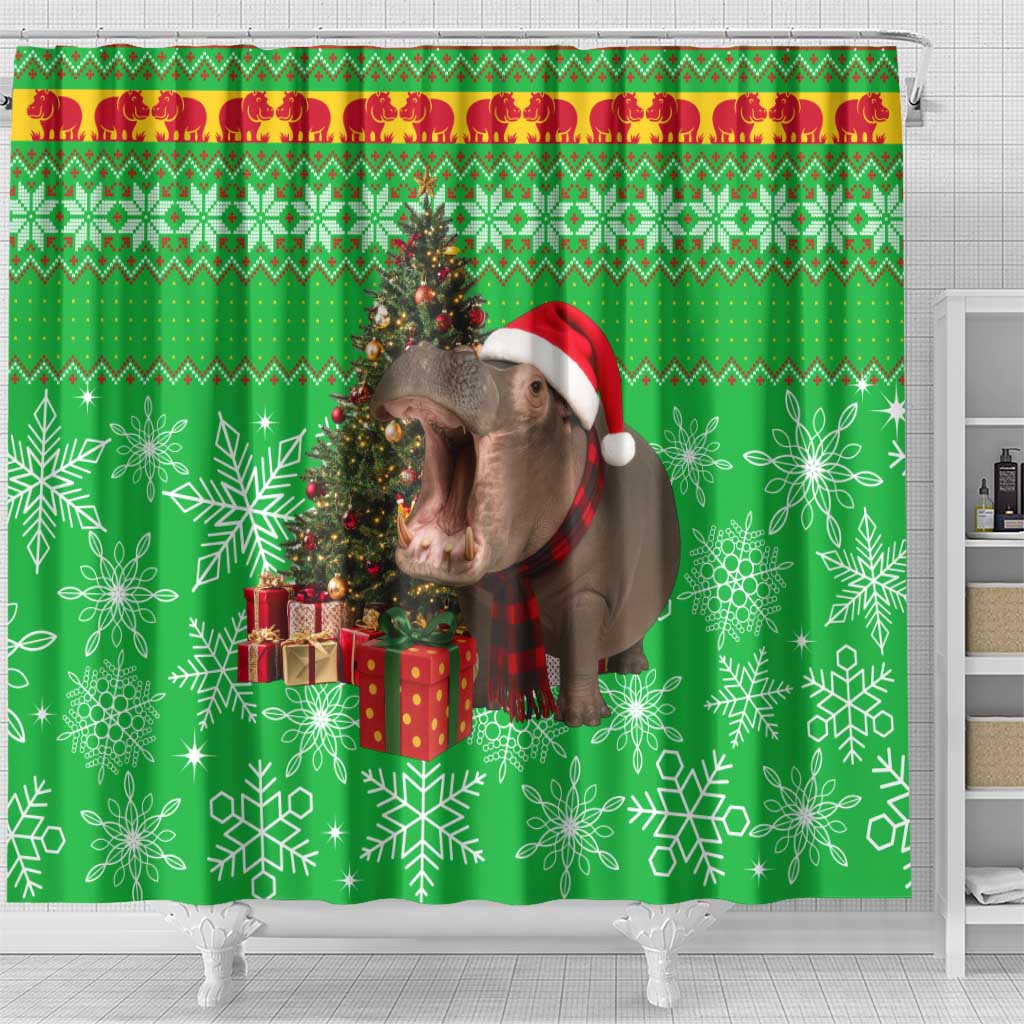 Mali Christmas Shower Curtain with Hippo Santa Hat Snowflakes and Holiday Gift - Wonder Print Shop
