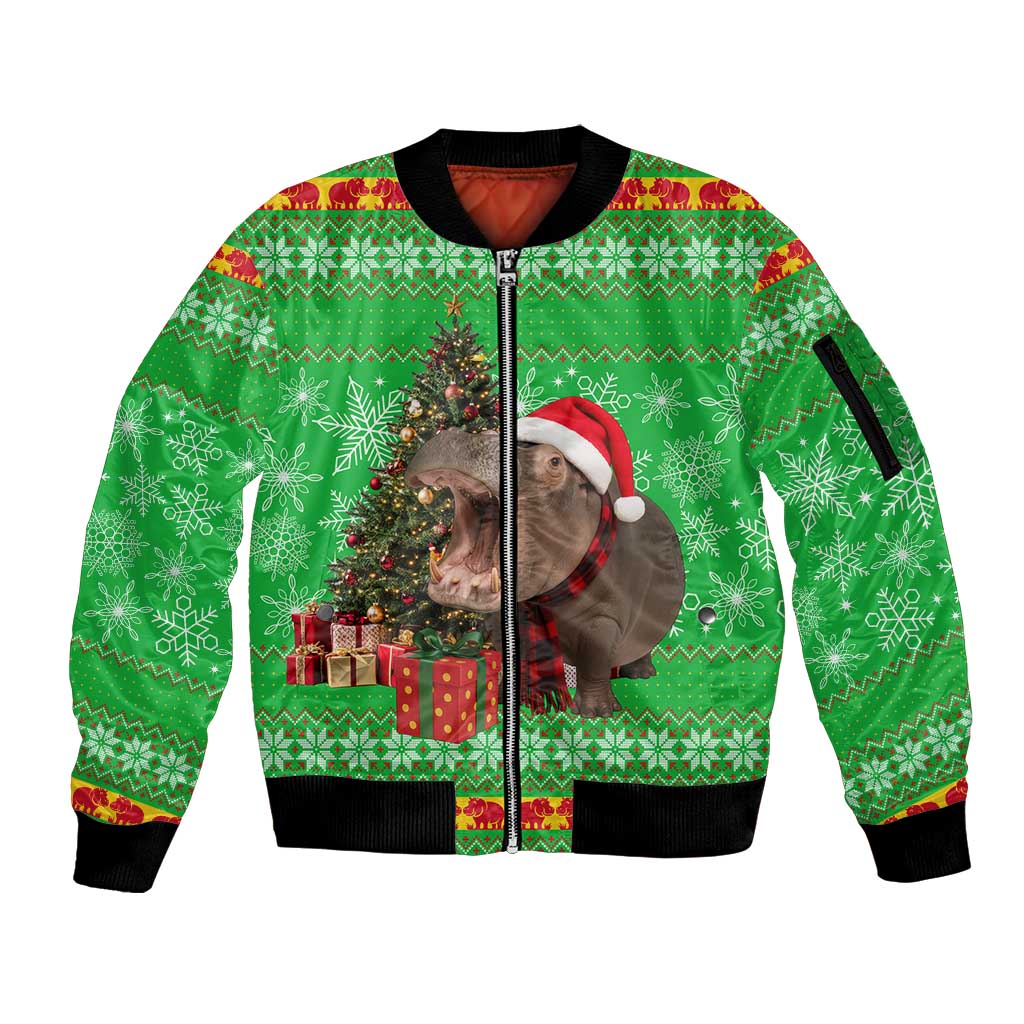 Mali Christmas Sleeve Zip Bomber Jacket with Hippo Santa Hat Snowflakes and Holiday Gift - Wonder Print Shop