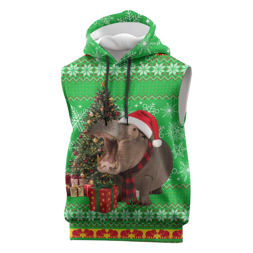 Mali Christmas Sleeveless Hoodie with Hippo Santa Hat Snowflakes and Holiday Gift - Wonder Print Shop