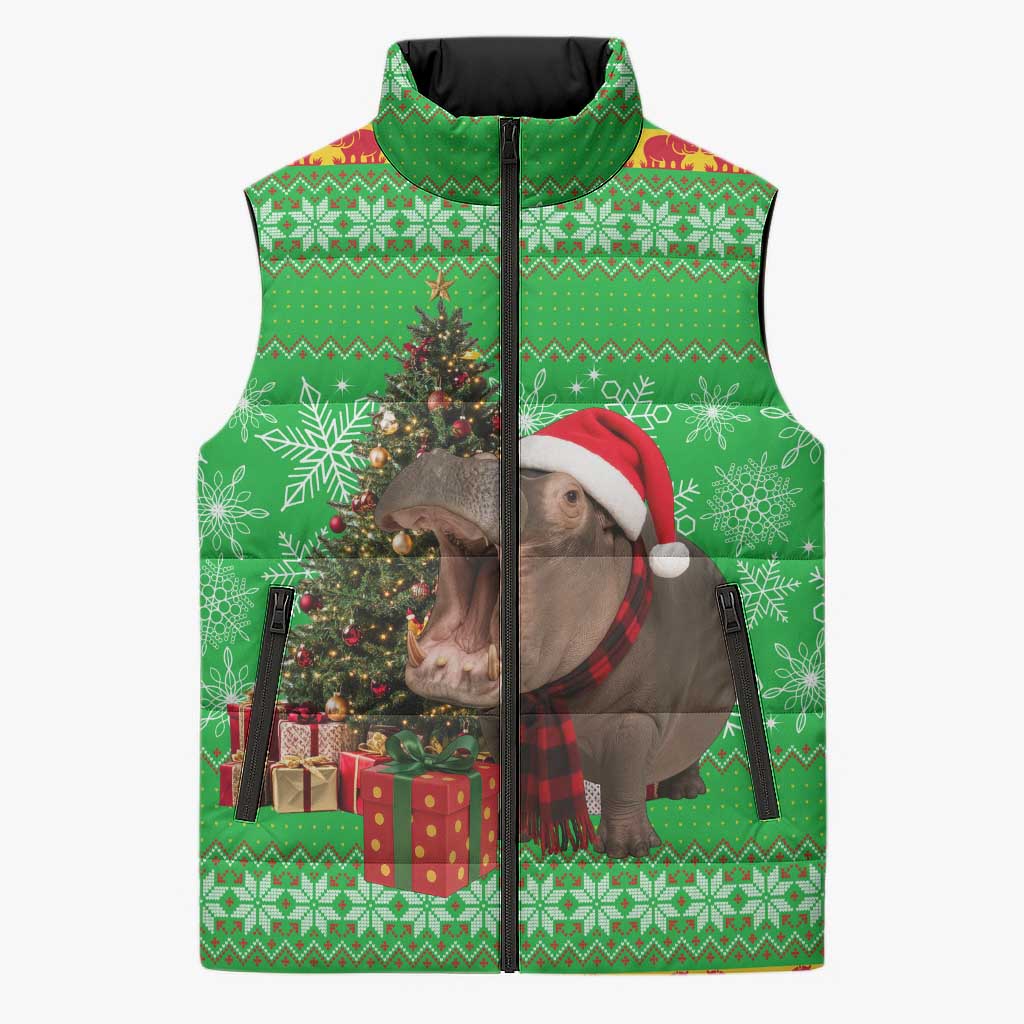 Mali Christmas Sleeveless Puffer Jacket with Hippo Santa Hat Snowflakes and Holiday Gift - Wonder Print Shop