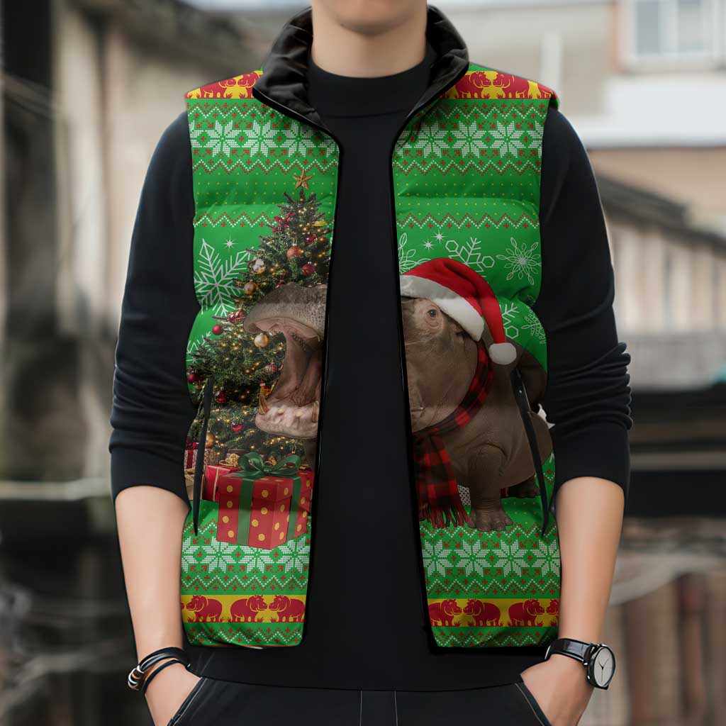 Mali Christmas Sleeveless Puffer Jacket with Hippo Santa Hat Snowflakes and Holiday Gift - Wonder Print Shop