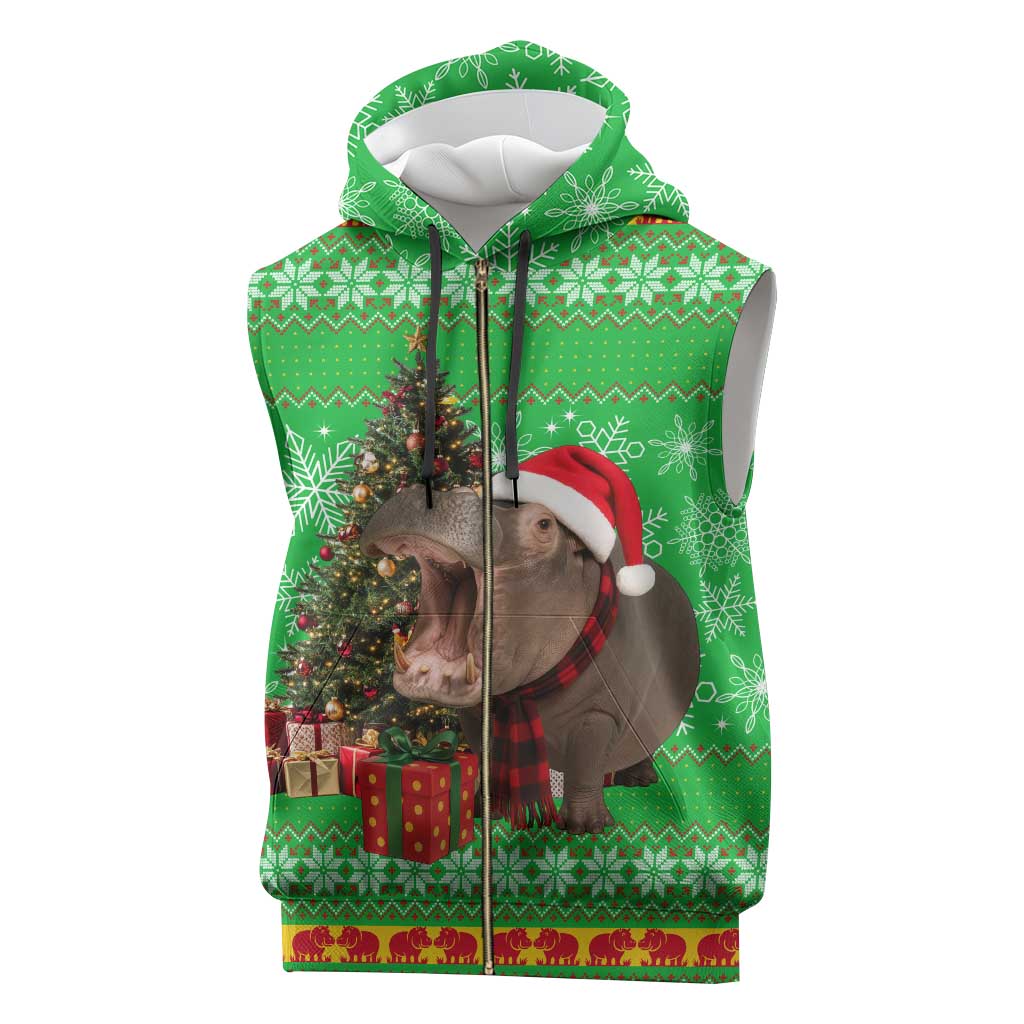 Mali Christmas Sleeveless Zip Hoodie with Hippo Santa Hat Snowflakes and Holiday Gift - Wonder Print Shop