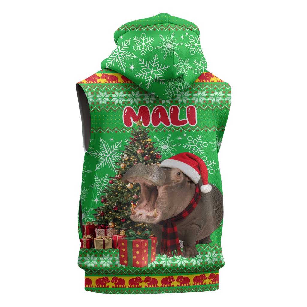 Mali Christmas Sleeveless Zip Hoodie with Hippo Santa Hat Snowflakes and Holiday Gift - Wonder Print Shop
