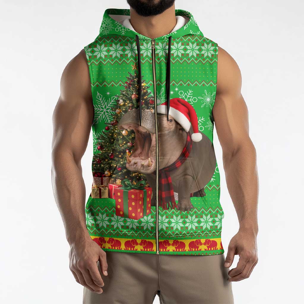 Mali Christmas Sleeveless Zip Hoodie with Hippo Santa Hat Snowflakes and Holiday Gift - Wonder Print Shop