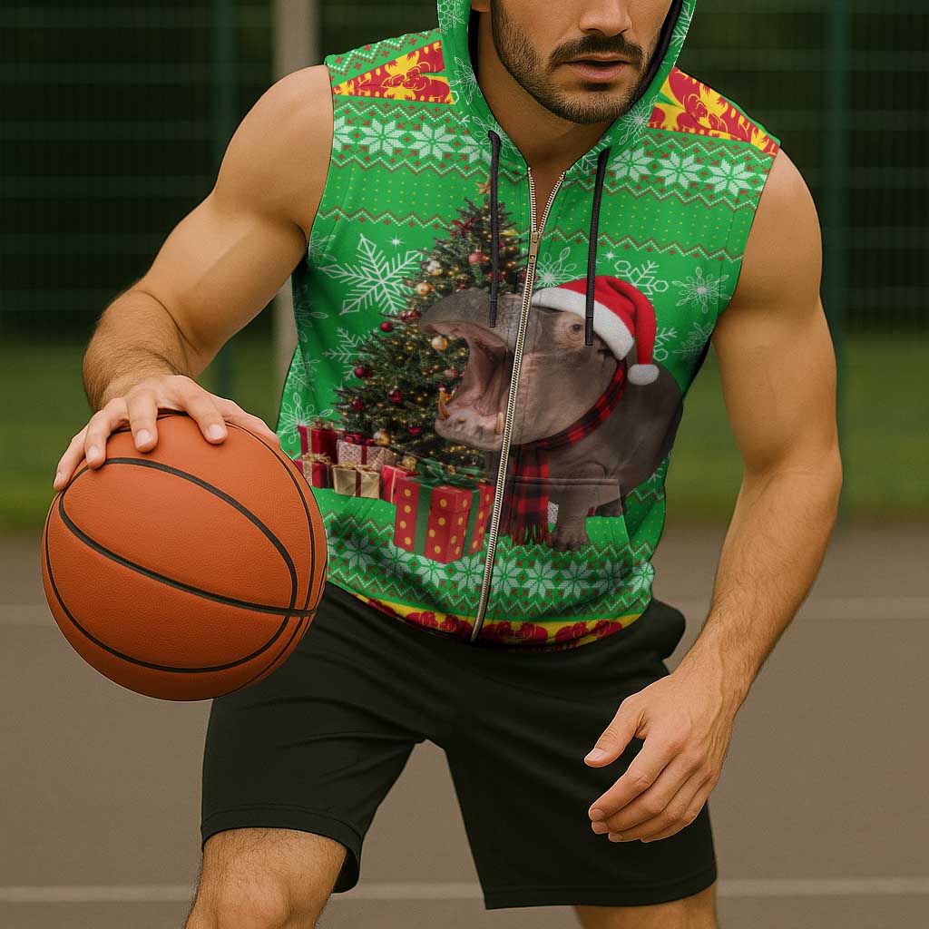 Mali Christmas Sleeveless Zip Hoodie with Hippo Santa Hat Snowflakes and Holiday Gift - Wonder Print Shop