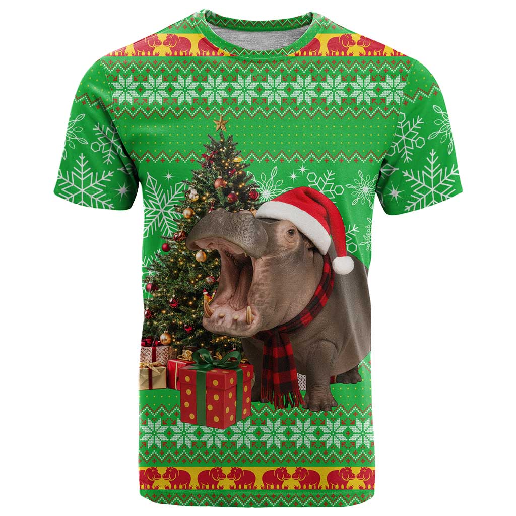 Mali Christmas T Shirt with Hippo Santa Hat Snowflakes and Holiday Gift - Wonder Print Shop