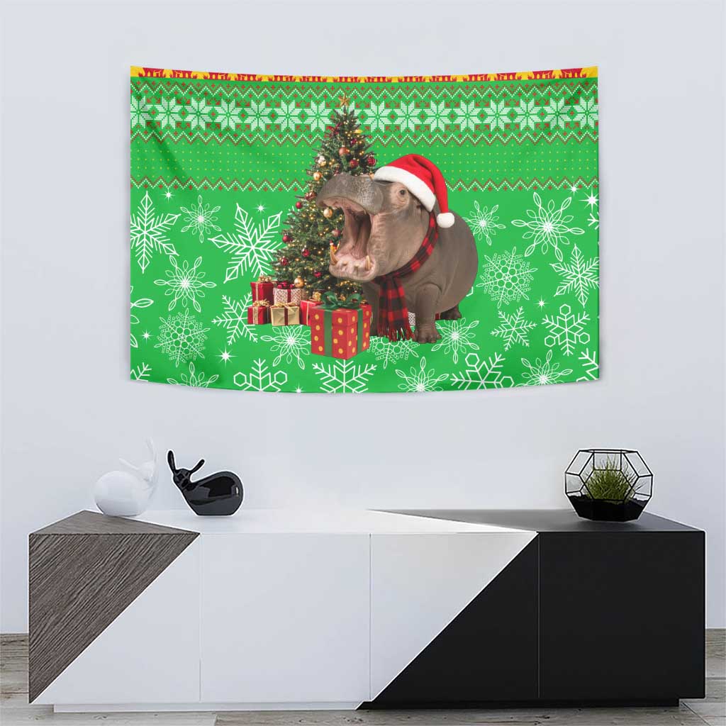 Mali Christmas Tapestry with Hippo Santa Hat Snowflakes and Holiday Gift - Wonder Print Shop