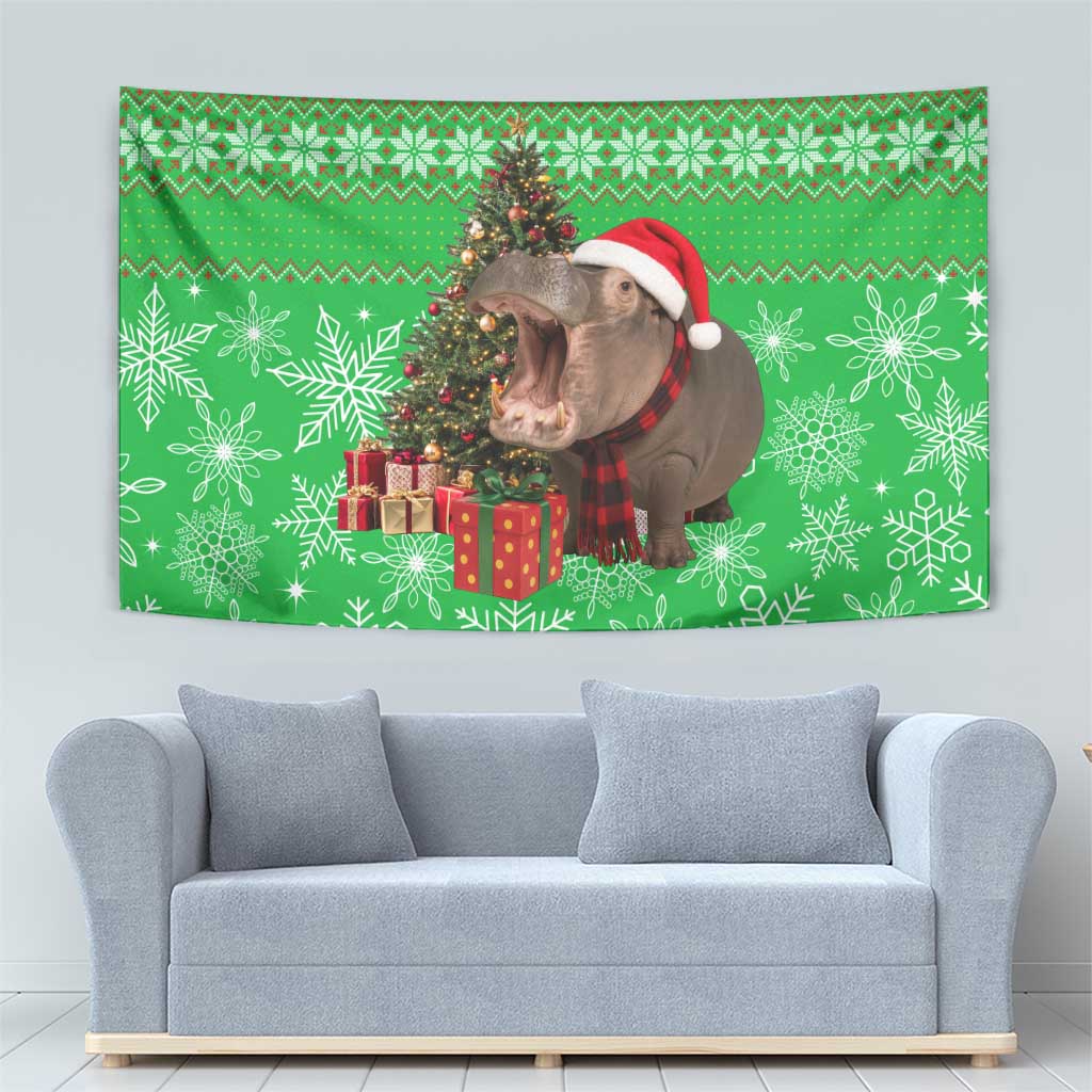 Mali Christmas Tapestry with Hippo Santa Hat Snowflakes and Holiday Gift - Wonder Print Shop