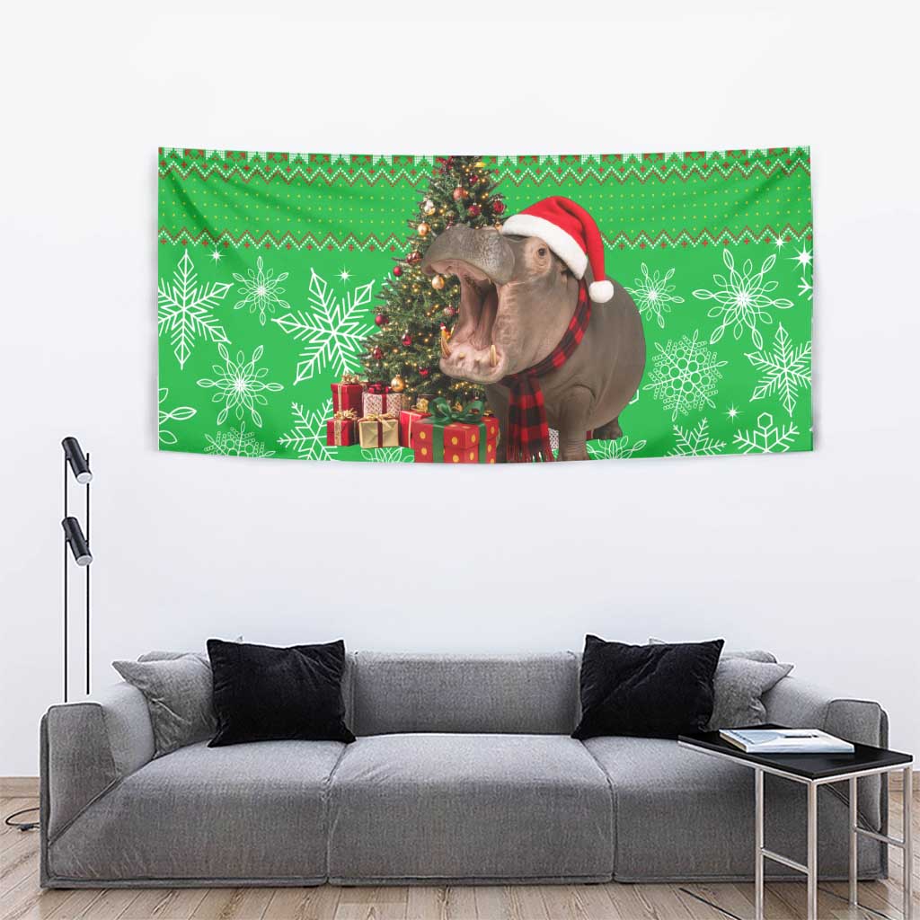 Mali Christmas Tapestry with Hippo Santa Hat Snowflakes and Holiday Gift - Wonder Print Shop