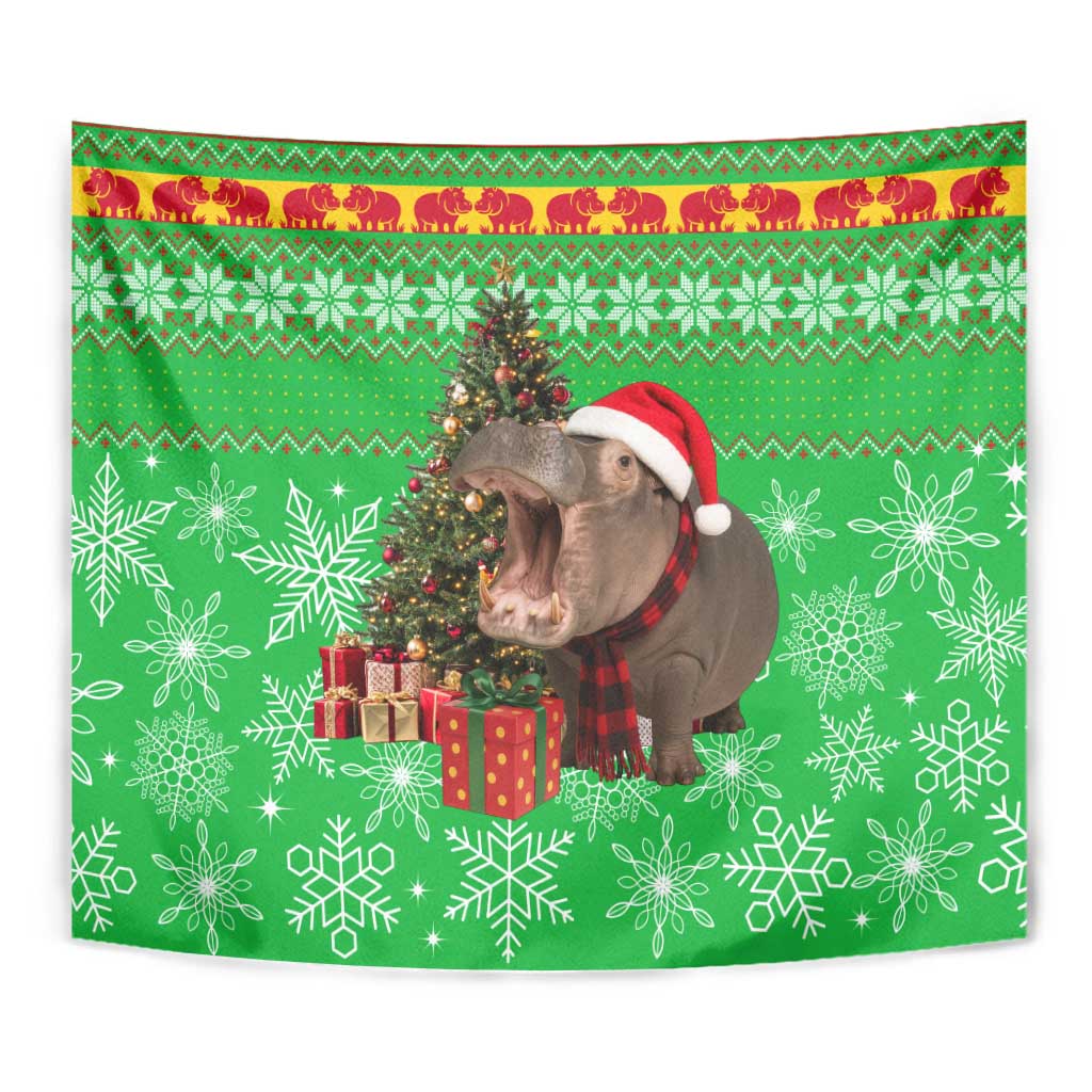 Mali Christmas Tapestry with Hippo Santa Hat Snowflakes and Holiday Gift - Wonder Print Shop