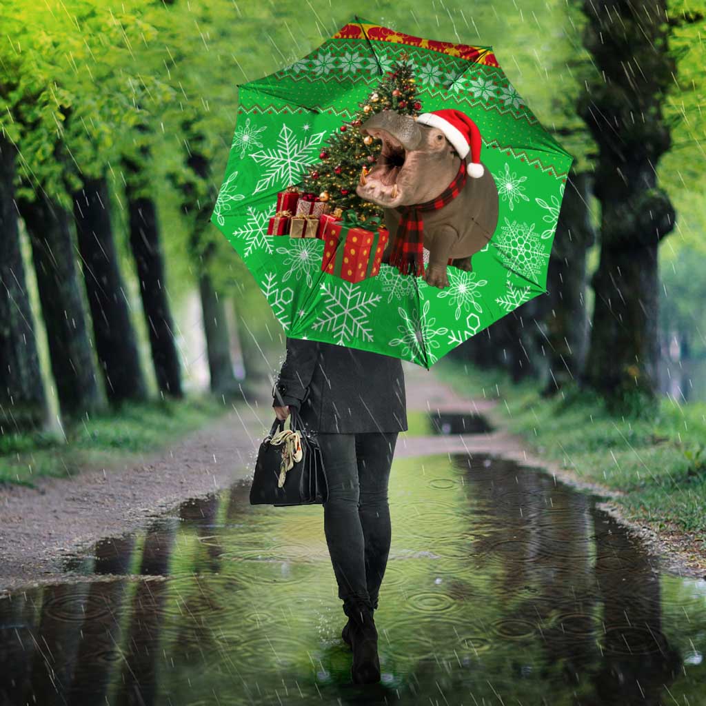 Mali Christmas Umbrella with Hippo Santa Hat Snowflakes and Holiday Gift - Wonder Print Shop