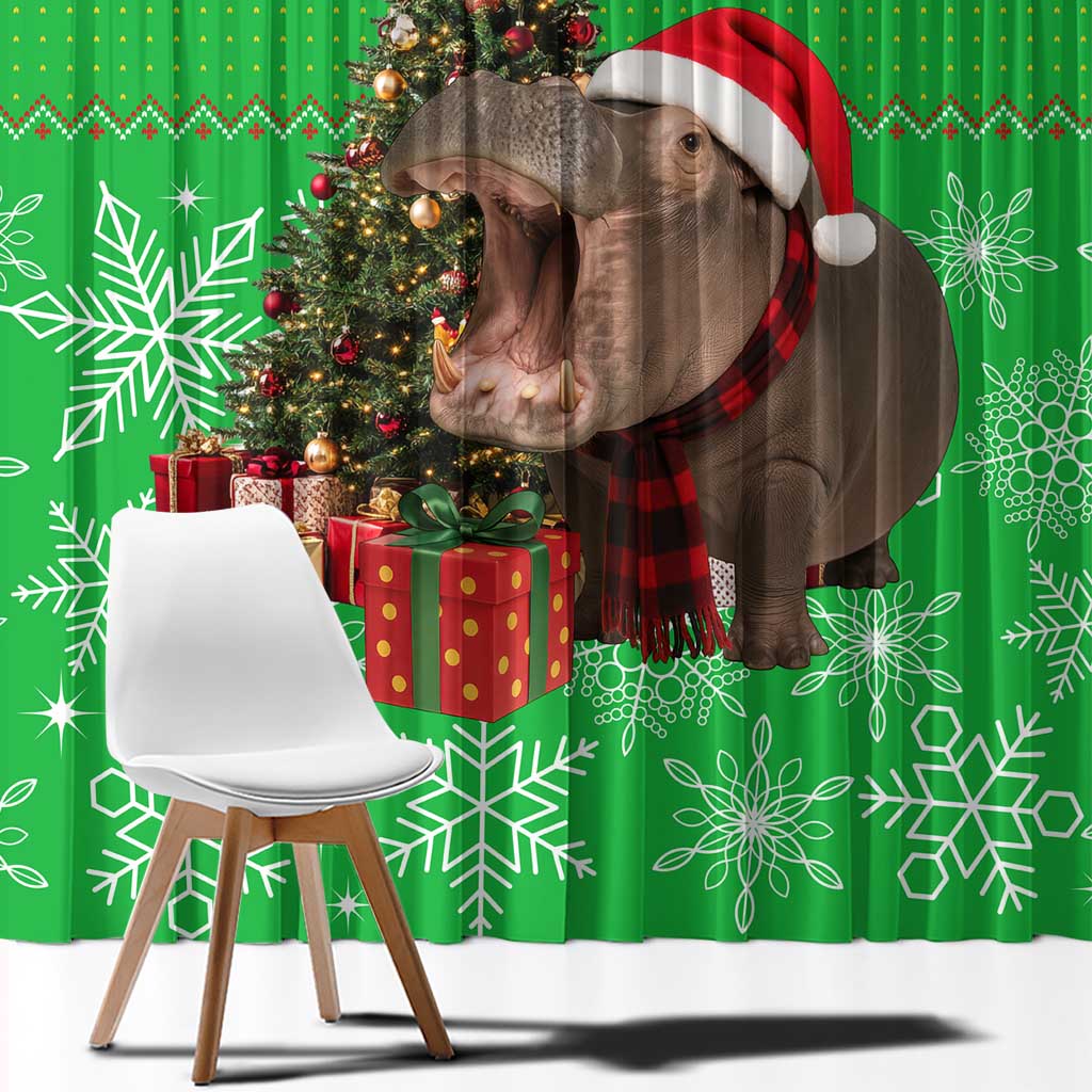 Mali Christmas Window Curtain with Hippo Santa Hat Snowflakes and Holiday Gift - Wonder Print Shop