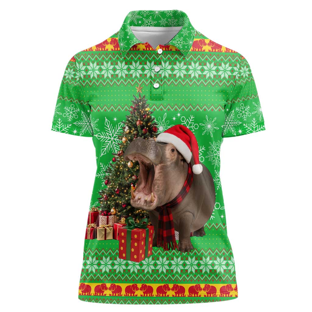 Mali Christmas Women Polo Shirt with Hippo Santa Hat Snowflakes and Holiday Gift - Wonder Print Shop