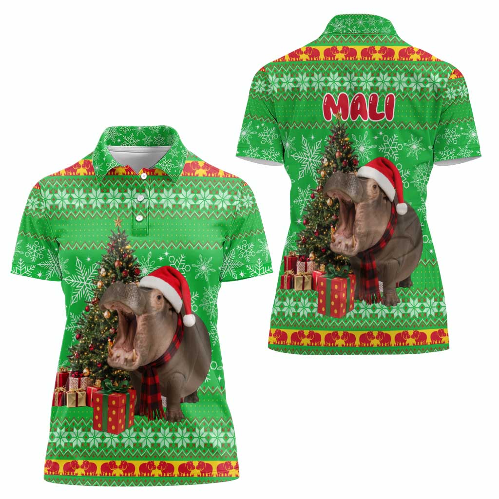 Mali Christmas Women Polo Shirt with Hippo Santa Hat Snowflakes and Holiday Gift - Wonder Print Shop