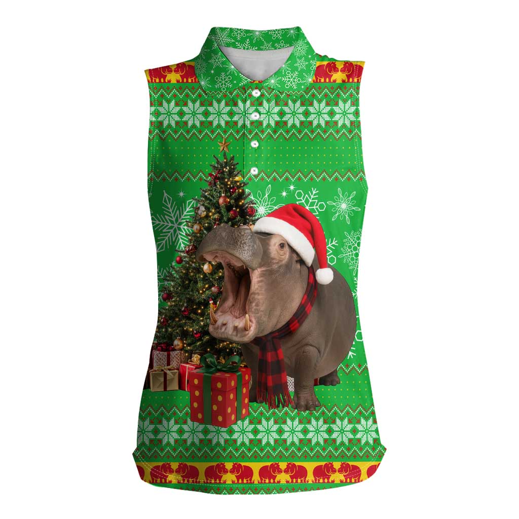 Mali Christmas Women Sleeveless Polo Shirt with Hippo Santa Hat Snowflakes and Holiday Gift - Wonder Print Shop