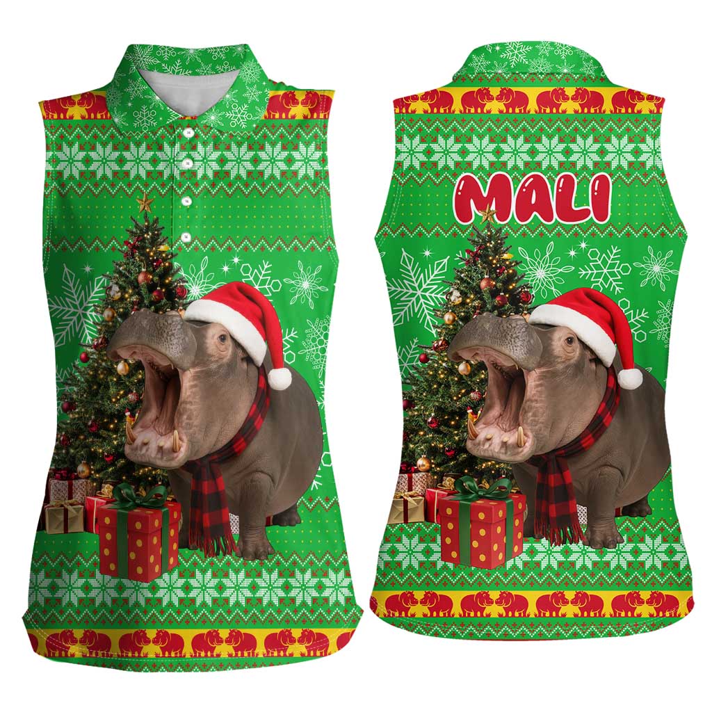 Mali Christmas Women Sleeveless Polo Shirt with Hippo Santa Hat Snowflakes and Holiday Gift - Wonder Print Shop