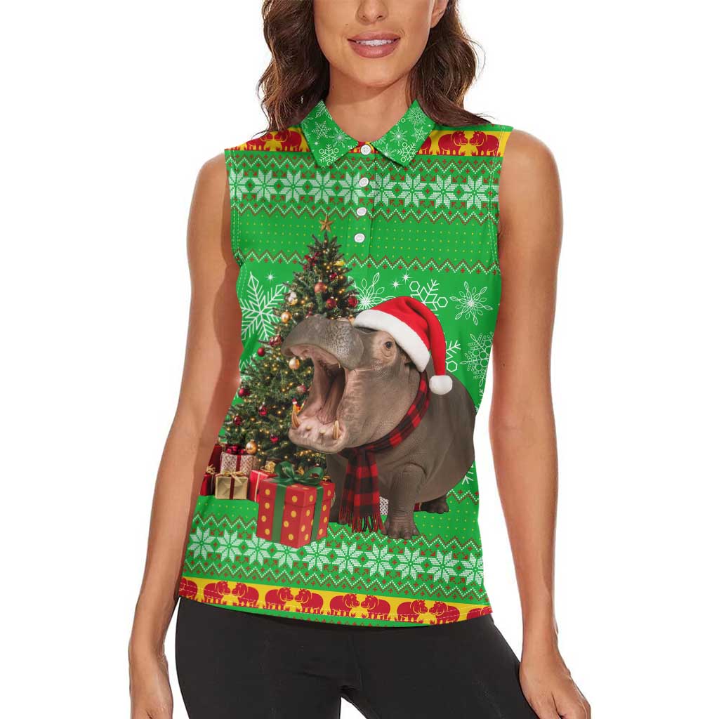 Mali Christmas Women Sleeveless Polo Shirt with Hippo Santa Hat Snowflakes and Holiday Gift - Wonder Print Shop