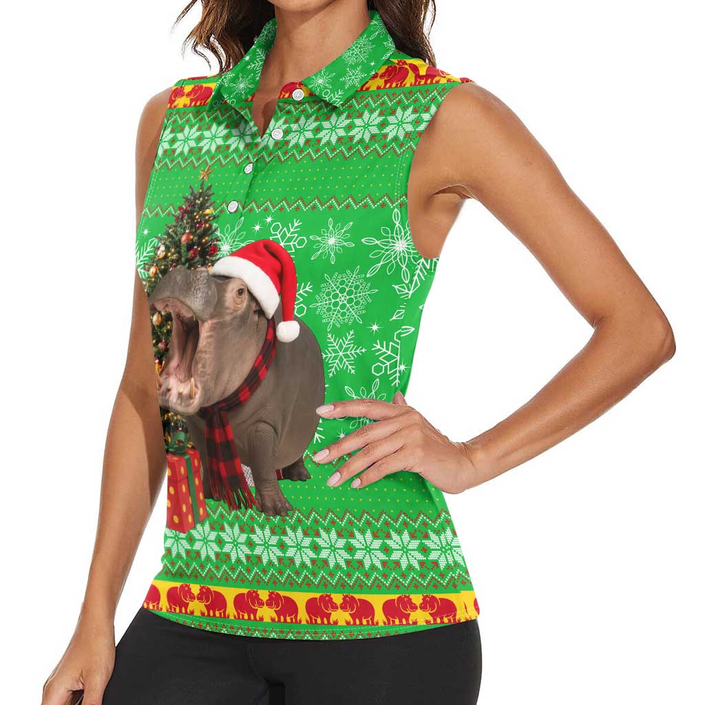 Mali Christmas Women Sleeveless Polo Shirt with Hippo Santa Hat Snowflakes and Holiday Gift - Wonder Print Shop