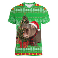 Mali Christmas Women V-Neck T-Shirt with Hippo Santa Hat Snowflakes and Holiday Gift - Wonder Print Shop