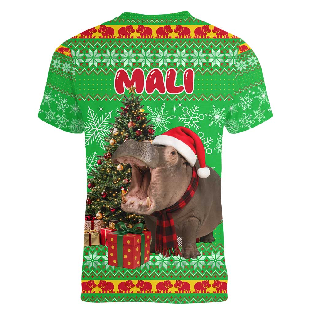 Mali Christmas Women V-Neck T-Shirt with Hippo Santa Hat Snowflakes and Holiday Gift - Wonder Print Shop
