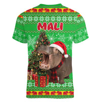 Mali Christmas Women V-Neck T-Shirt with Hippo Santa Hat Snowflakes and Holiday Gift - Wonder Print Shop